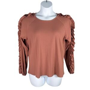 Studio Park Women Size L Ribbed Knit Long Sleeve Ruffle Sleeve Top Rose Mauve